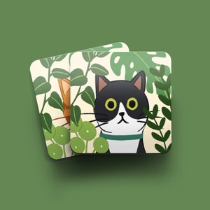 Black and White Cat Coaster Gift for Cat Lovers Gift for Cat Owners Coffee Table Coasters Cats and Plants Cats and Garden Coaster image 2