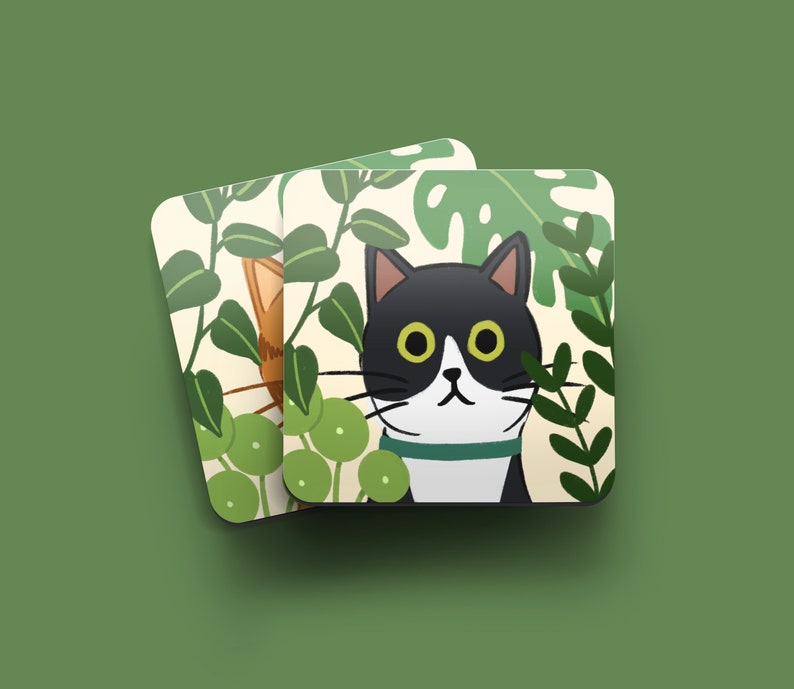 Black and White Cat Coaster Gift for Cat Lovers Gift for Cat Owners Coffee Table Coasters Cats and Plants Cats and Garden Coaster image 2