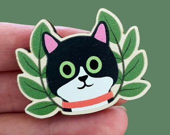 Tuxedo Cat Wooden Pin Badge | Eco-Fiendly Gift for Cat Lovers | Black and White Cat Lovers | Gift for Cat Owners