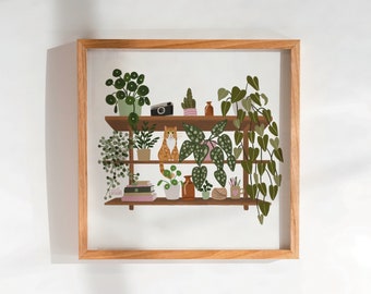 Ginger & White Cat and Plant Shelf Print | House plants | Boho shelf print | Cat Owner | Plant Parent | Monstera | ZZ Plant