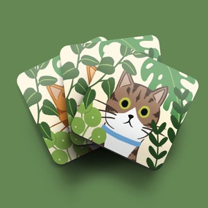 Tabby and White Cat Coaster Gift for Cat Lovers Gift for Cat Owners Coffee Table Coasters Cats and Plants Cats and Garden Coaster image 3