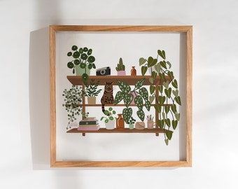 Tabby Cat and Plant Shelf Print / Plantas de la casa / Impresión de estante Boho / Propietario del gato / Padre de la planta / Monstera / Planta ZZ