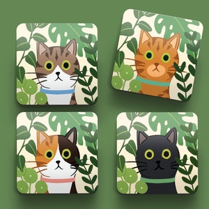 Tabby and White Cat Coaster Gift for Cat Lovers Gift for Cat Owners Coffee Table Coasters Cats and Plants Cats and Garden Coaster image 4