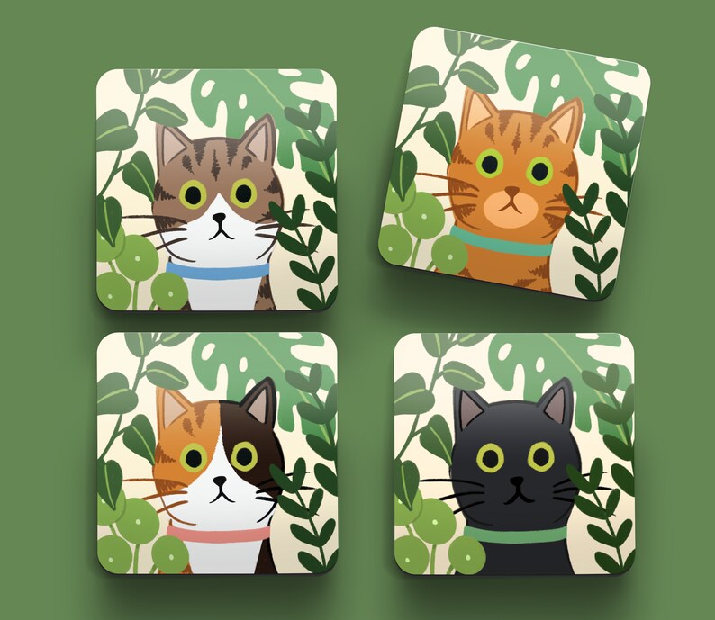 Tabby and White Cat Coaster Gift for Cat Lovers Gift for Cat Owners Coffee Table Coasters Cats and Plants Cats and Garden Coaster image 4