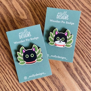 Black Cat Wooden Pin Badge Eco-Fiendly Gift for Cat Lovers Black Cat Lovers Gift for Cat Owners Gift For Her Cats and Plants image 3