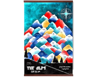 Póster del mapa de los Alpes | Las montañas más altas de los Alpes | Mapa de montaña con pegatinas | Marca tus cimas | Mapa de aventuras
