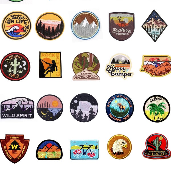 Patch zum Aufbügeln | Outdoor Berge Natur Patches bzw. Aufnäher Bügelbild für Kleidung oder Textilien | Vintage  Retro Patches