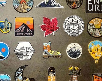 Iron-on patches | Nature mountains, trees, bears patches for clothing or textiles | Mountain range, forest, glacier patches