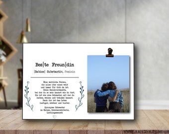 Beste Freundin Definition Geschenk Bild auf Holzplatte mit Clip für Foto | PERSONALISIERBAR Wand- und Tisch-Deko | Personalisiert