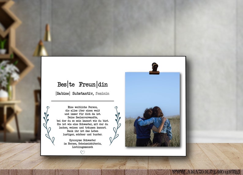 Beste Freundin Definition Geschenk Bild auf Holzplatte mit Clip für Foto PERSONALISIERBAR Wand und Tisch-Deko Personalisiert Bild 1