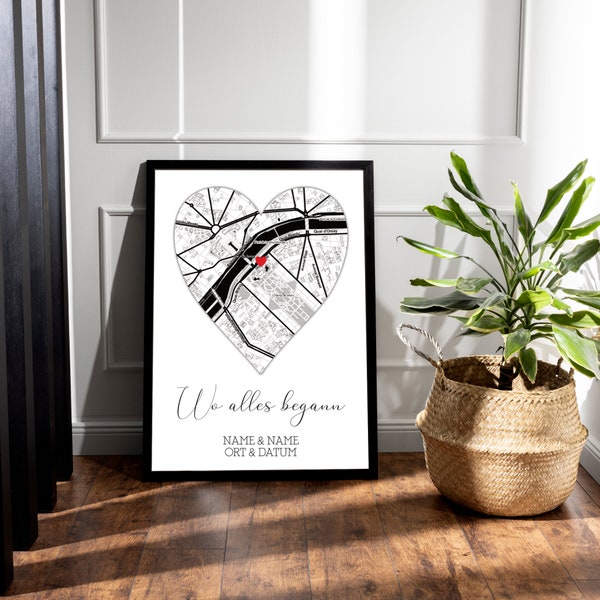 Mountiki® Where It All Began Gift Poster | WITH picture frame black framed | Heart picture with map, name & date | Map customizable