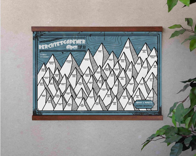 Póster Alpes de Berchtesgaden Las 50 montañas más altas | Imagen INCL. PEGATINAS para marcar las cimas | A3 420 x 297 mm Color: Marrón imagen 3