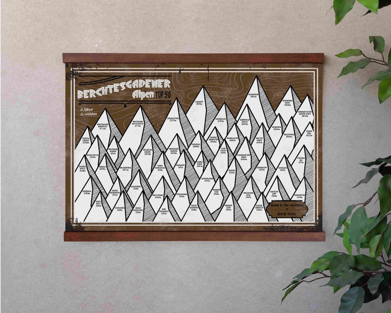 Póster Alpes de Berchtesgaden Las 50 montañas más altas | Imagen INCL. PEGATINAS para marcar las cimas | A3 420 x 297 mm Color: Marrón imagen 1