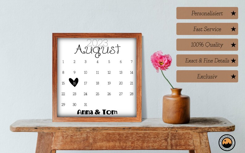 Mountiki® Kalender Bild anpassbar mit Datum mit Holz Rahmen Geschenk für Partner oder Eltern zum Jahrestag Hochzeitstag Jubiläum Bild 3