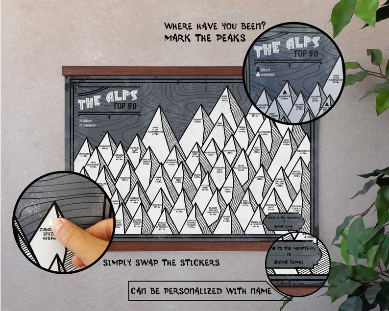 Póster Alpes de Berchtesgaden Las 50 montañas más altas | Imagen INCL. PEGATINAS para marcar las cimas | A3 420 x 297 mm Color: Marrón imagen 4