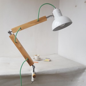 White Mulberry Wood Swing Arm Clamp Mount Desk Lamp