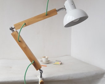 White Mulberry Wood Swing Arm Clamp Mount Desk Lamp
