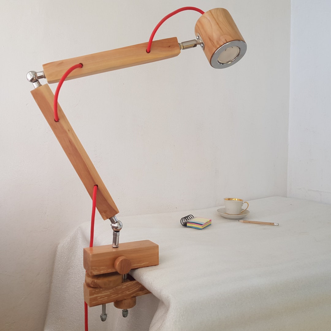 Cherry Wood Swing Arm Lamp Wooden Clamp Lamp Wooden Head Etsy