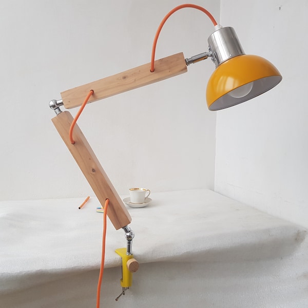 Sea Buckthorn wood Swing Arm Lamp,  Clamp Mount Desk Lamp