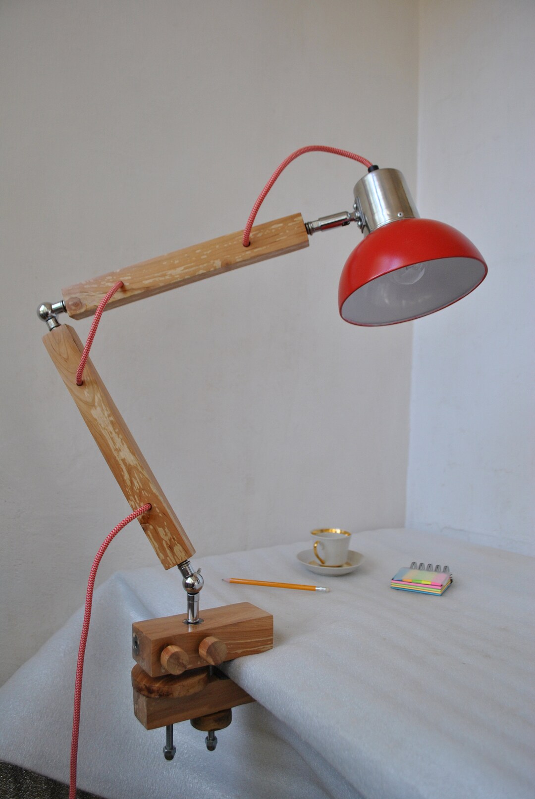 Cherry Wood Swing Arm Lamp Wooden Clamp Lamp Clamp Mount Etsy UK