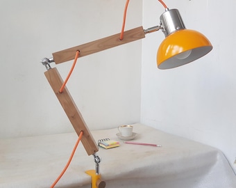 Sea Buckthorn wood Swing Arm Lamp,  Clamp Mount Desk Lamp