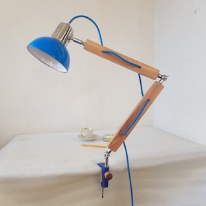 Plum  Wood Swing Arm Lamp, Clamp Mount Desk Lamp, Clamp Onto a Horizontal  Surface
