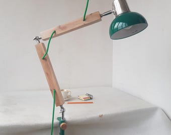 Apple  Wood Swing Arm Lamp, Green shade lamp