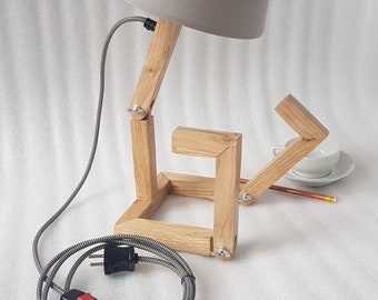 Oak Wood Robot Lamp | Handmade Robot Flexible Lamp, grey shade