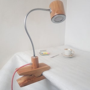 Cherry Wooden Clip Lamp. Flexible Gooseneck Desk Lamp, Bedside Clamp Light, Wood Lighting