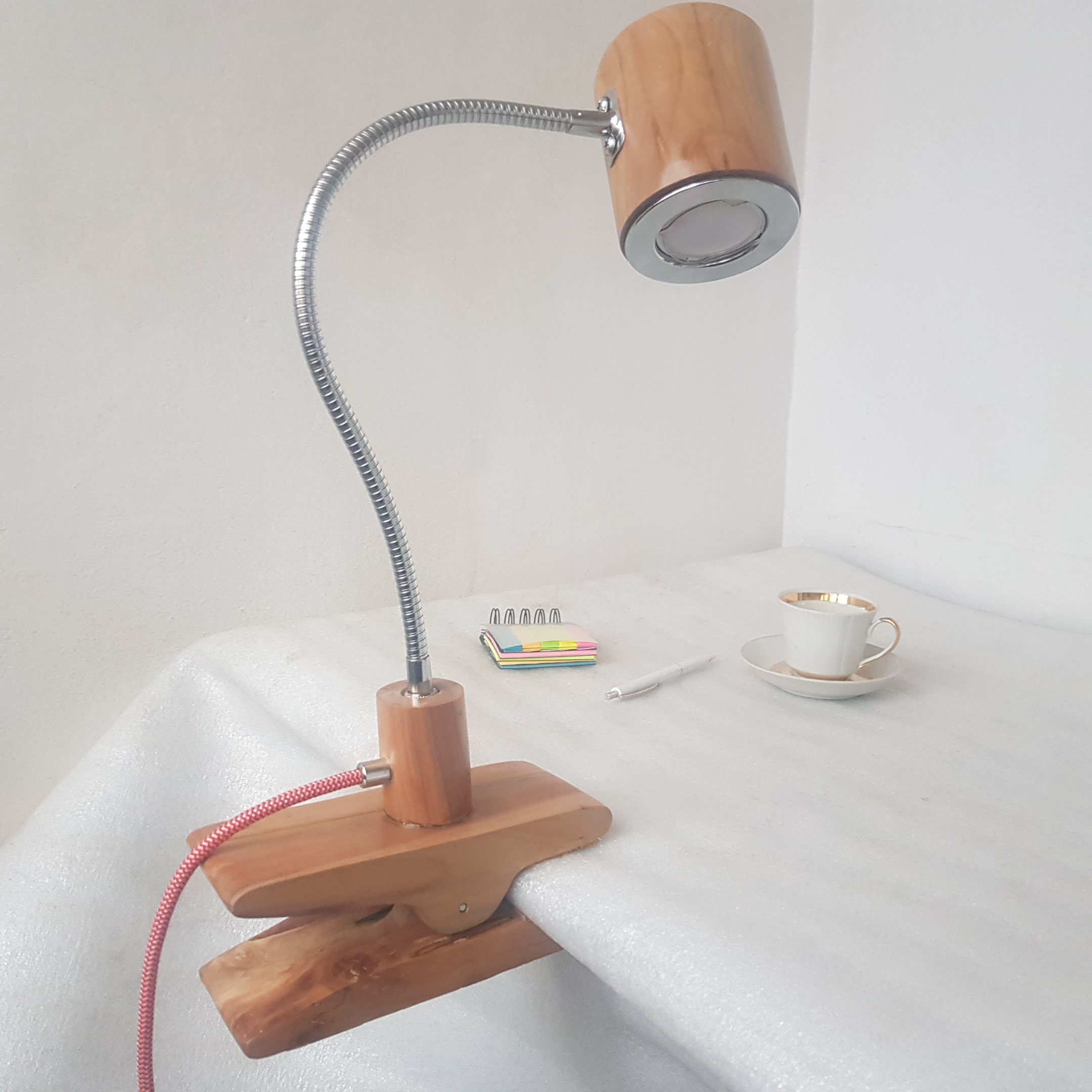 Cherry Wooden Clip Lamp. Flexible Gooseneck Desk Lamp, Bedside Clamp Light, Wood Lighting