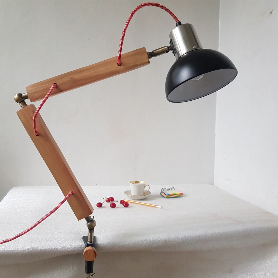 Cherry Wood Swing Arm Lamp Wooden Clamp Lamp Clamp Mount Etsy