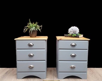 Wood pine bedsides bedroom storage grey chrome drawers