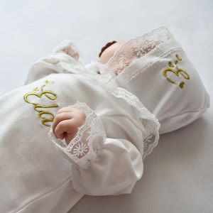 Lace detailed baby girl romper, Girls Christening Outfit, Baby Outfit Bodysuit Personalized, Custom Embroidery with Baby&#39;s Name