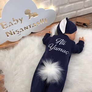 Baby Boy Outfit Bodysuit Personalized, Custom Embroidery with Baby&#39;s Name. Rabbit Ear and tail cotton Rompers