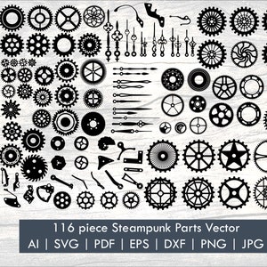116-elementowy pakiet Vector Steampunk SVG | Koła zębate SVG | Koło zębate svg | Zębatka PNG | Clipart Steampunk Gear | Mechanizm zegarowy | Zębatki | Części