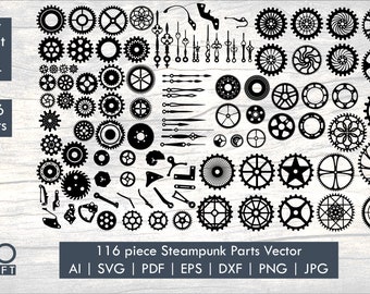 116-piece Vector Steampunk SVG Bundle | Gears SVG | Gear svg | Sprocket PNG | Steampunk Gear Clipart | Clockwork | Cogs | Parts