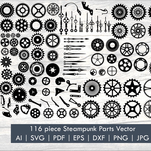 Bundle SVG Steampunk vectoriel de 116 pièces | Engrenages SVG | Engrenage svg | Pignon PNG | Clipart d'équipement Steampunk | Mécanique | Rouages | les pièces