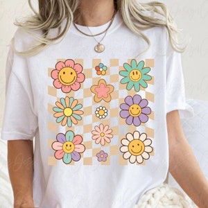Téléchargement de conception de sublimation de fleurs, fichier de clipart de mini fille de chemise de visage de sourire rétro, fleurs boho groovy, fichiers PNG à carreaux de fleurs heureuses