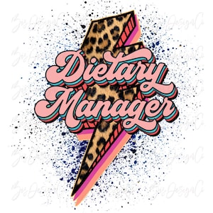 Downloads de designs de sublimação do Leopard Dietary Manager, gráficos de design de clipart de camisa de presente de nutricionista vintage lightening bolt para arquivos de camiseta
