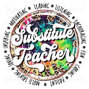 Leopard teacher sublimation designs downloads, Retro Substitute Teacher PNG, back to school teaching shirt clipart design graphics download