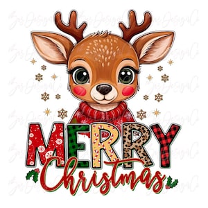 May include: A cute cartoon reindeer wearing a red sweater, with the words "MERRY Christmas" in colorful, patterned letters. The reindeer has large eyes and antlers, with snowflakes and holly accents.