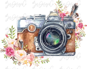 Watercolor Floral photography camera sublimation designs downloads, Boho flowers Camera sublimations clipart, shirt sweatshirt pillow mug