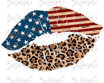 Leopard American flag lips png, 4th of july png files for sublimation download, lips sublimation designs Fourth of July Flag Kiss clipart