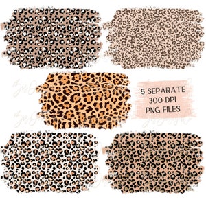 May include: Five digital paper textures featuring different leopard print patterns in shades of brown, black, and white. The textures are in a distressed, brushstroke style. The text "5 SEPARATE 300 DPI PNG FILES" is included in the image.