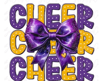 Gold Purple cheer bow png, cheer coquette bow png, Cheer sublimation designs downloads, purple and gold cheer bows shirts design download