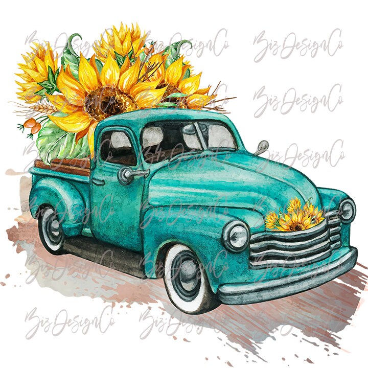 Blue Vintage Truck With Sunflowers Print Etsy