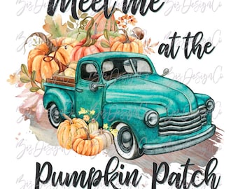 Può includere: Illustrazione ad acquerello con un camioncino vintage turchese pieno di zucche. Il camion è circondato da zucche arancioni e fogliame autunnale. Il testo recita "Meet me at the Pumpkin Patch."