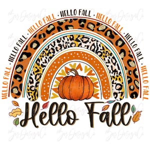 Hello fall png, Leopard Fall sublimation designs downloads, fall rainbow png file, vintage leopard shirt pumpkin leaves autumn clipart files