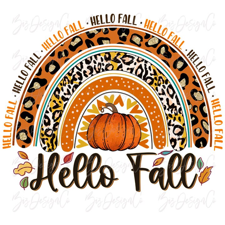 Hello fall png, Leopard Fall sublimation designs downloads, fall rainbow  png file, vintage leopard shirt pumpkin leaves autumn clipart files