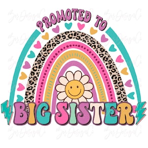 Promu à grande soeur png, téléchargements de conceptions de sublimation fille rétro, téléchargement de fichiers de conception de chemise bébé fille arc-en-ciel rose, clipart groovy